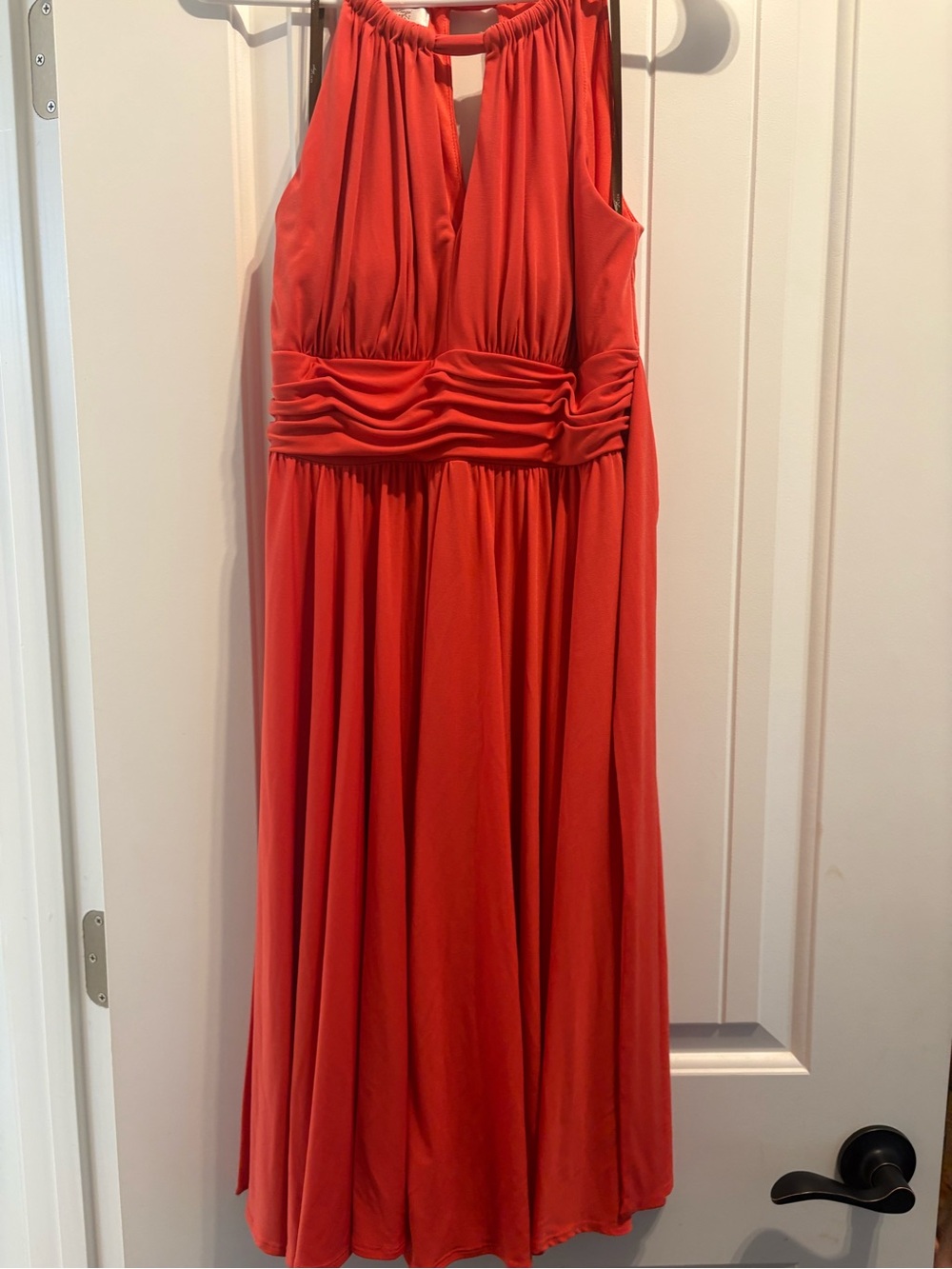 Burnt Orange Halter Midi Dress with Ruched Waist